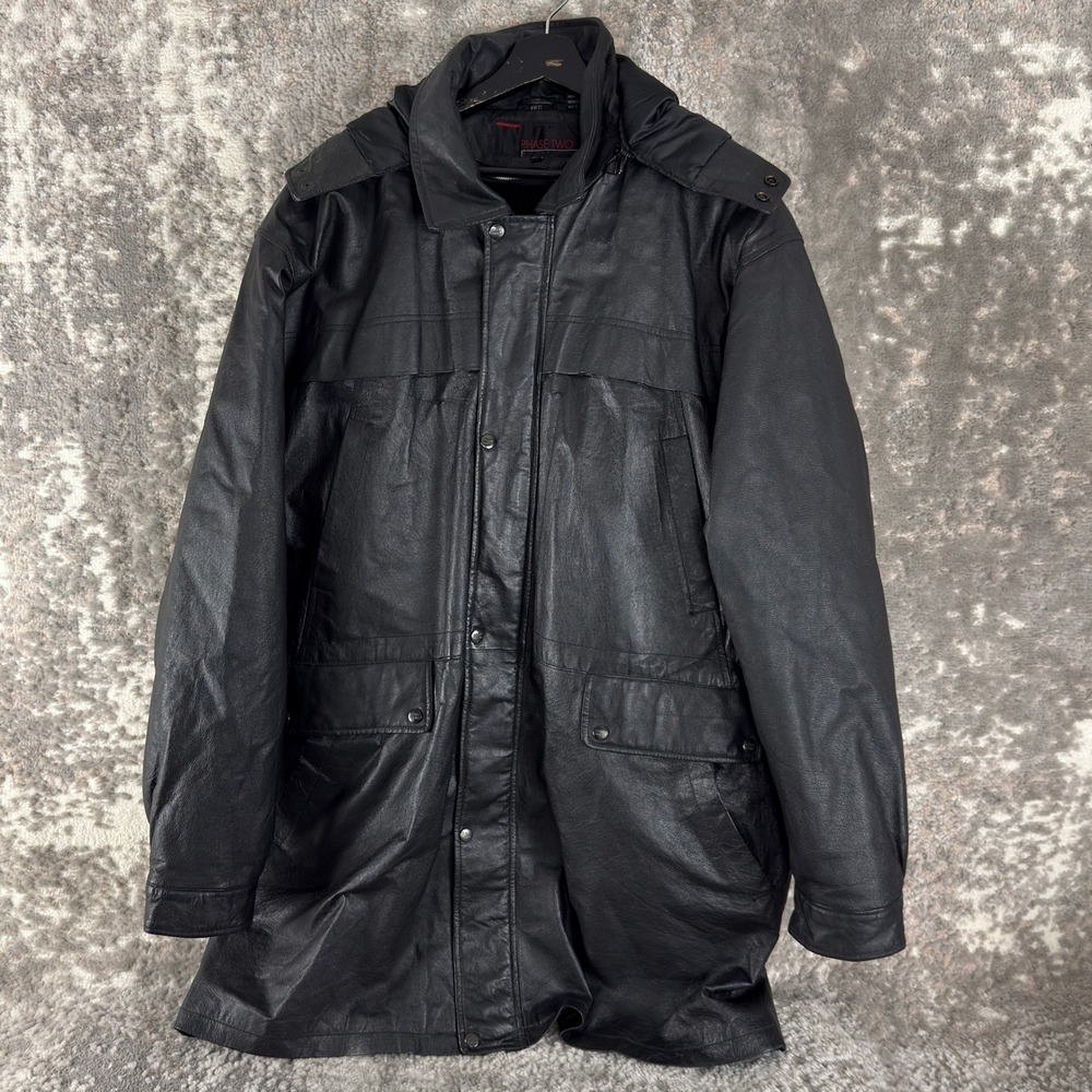 Phase Two Size XXLT Leather Hooded Removable Liner Parka Jacket Black Long Mens